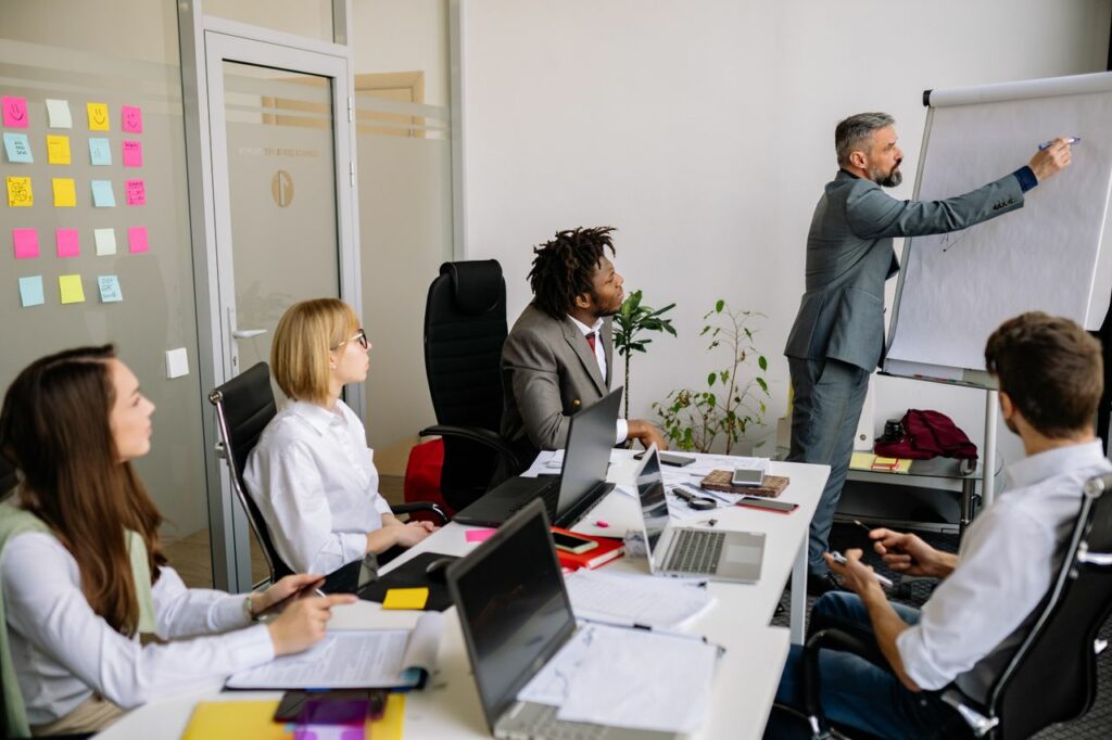 Business team engaged in a collaborative meeting with a leader presenting on a flip chart.